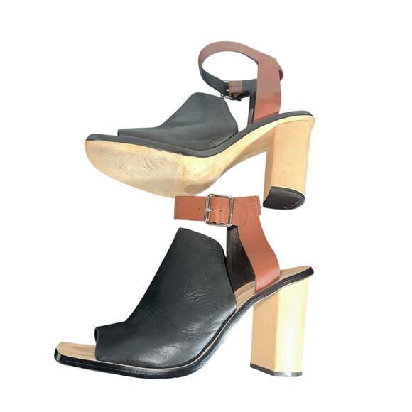 Loeffler Randall ColorBlock Leather Heels Sz 9.5 Black Brown Ankle Strap Sandals - Picture 7 of 13